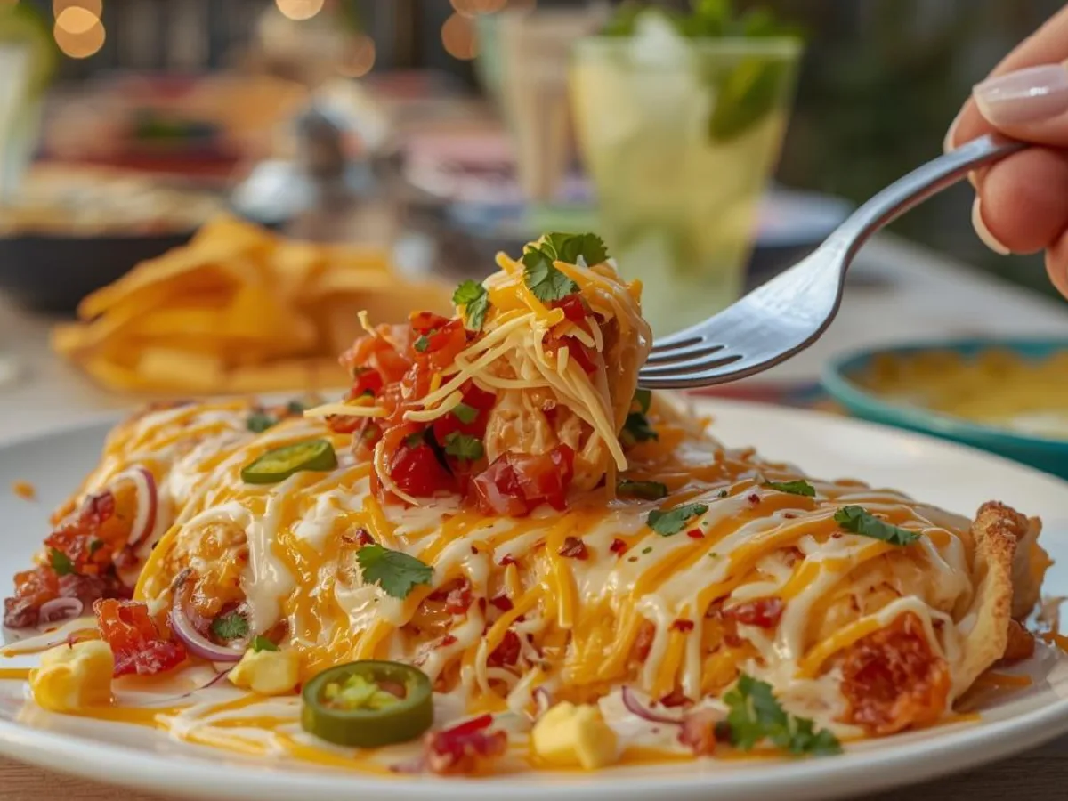 Jalapeño Popper Cheesy Chicken Enchiladas cooling in a dish