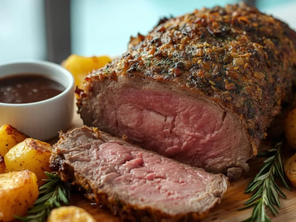 Sliced Oven Roasted Prime Rib on a platter.