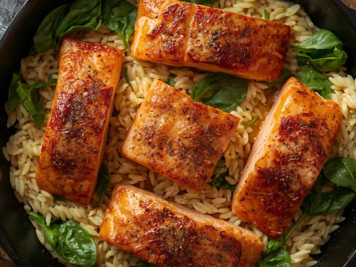 Skillet salmon with lemon orzo in pan