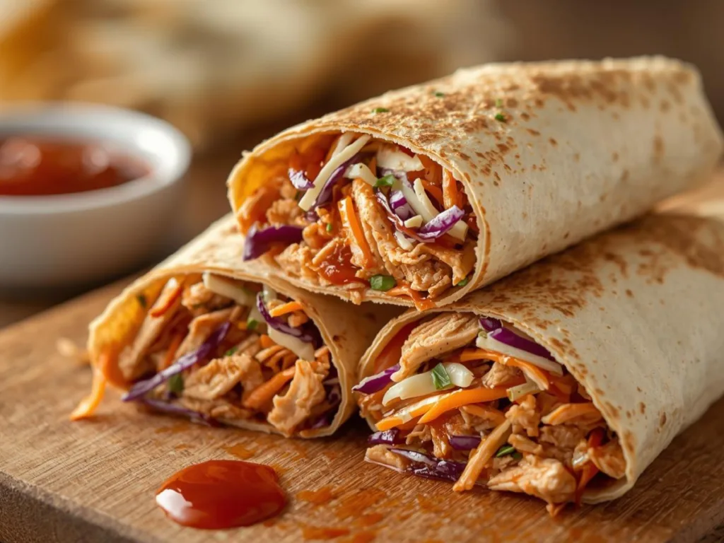 BQ Chicken Coleslaw Wraps with tangy sauce.