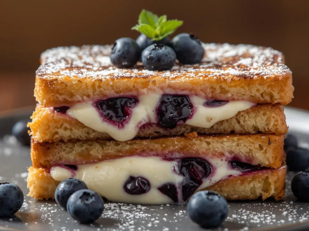 Blueberry Cheesecake Stuffed French Toast on plate.