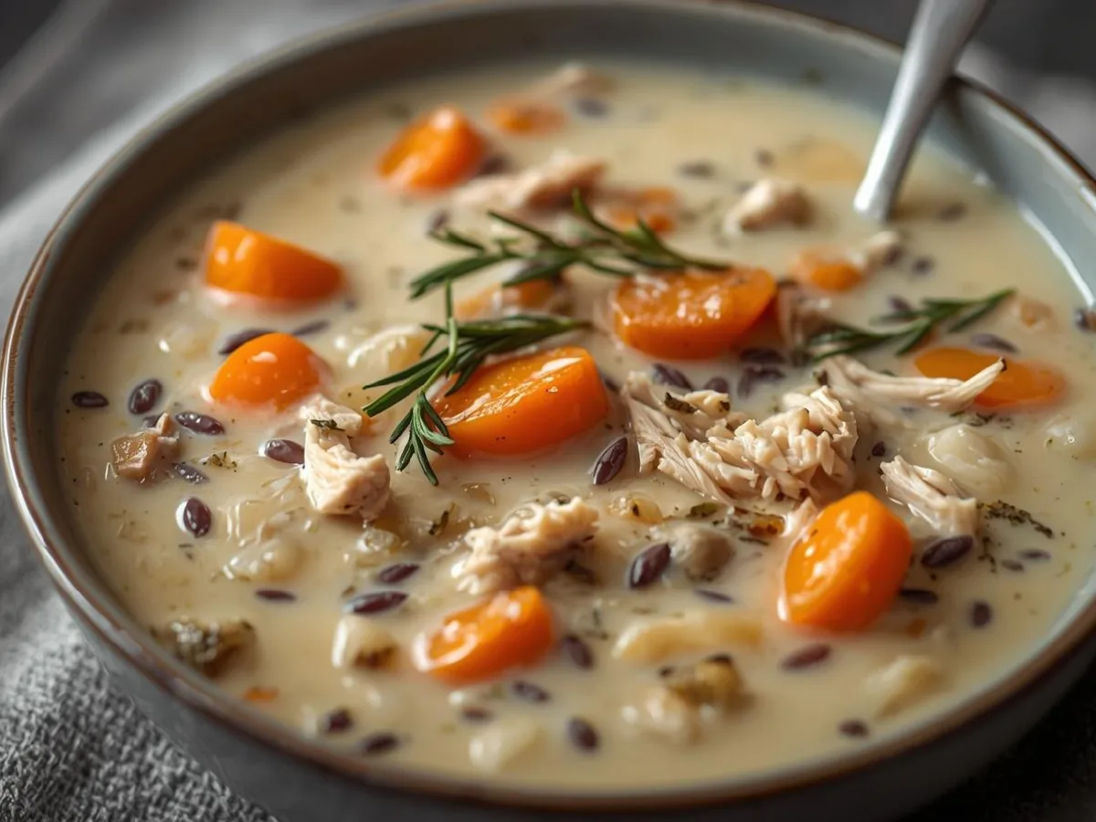 Hearty Chicken and Wild Rice Soup bowl with herbs