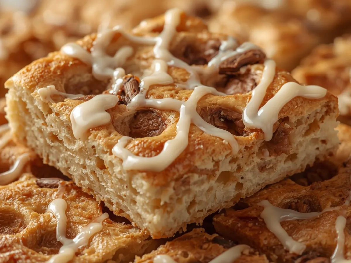Golden Cinnamon Focaccia Bread with deep dimples filled with bubbling cinnamon sugar and melted butter.