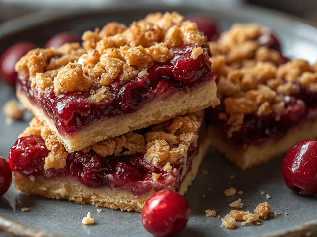 Slices of fresh Cranberry Crumble Bars on a white plate.