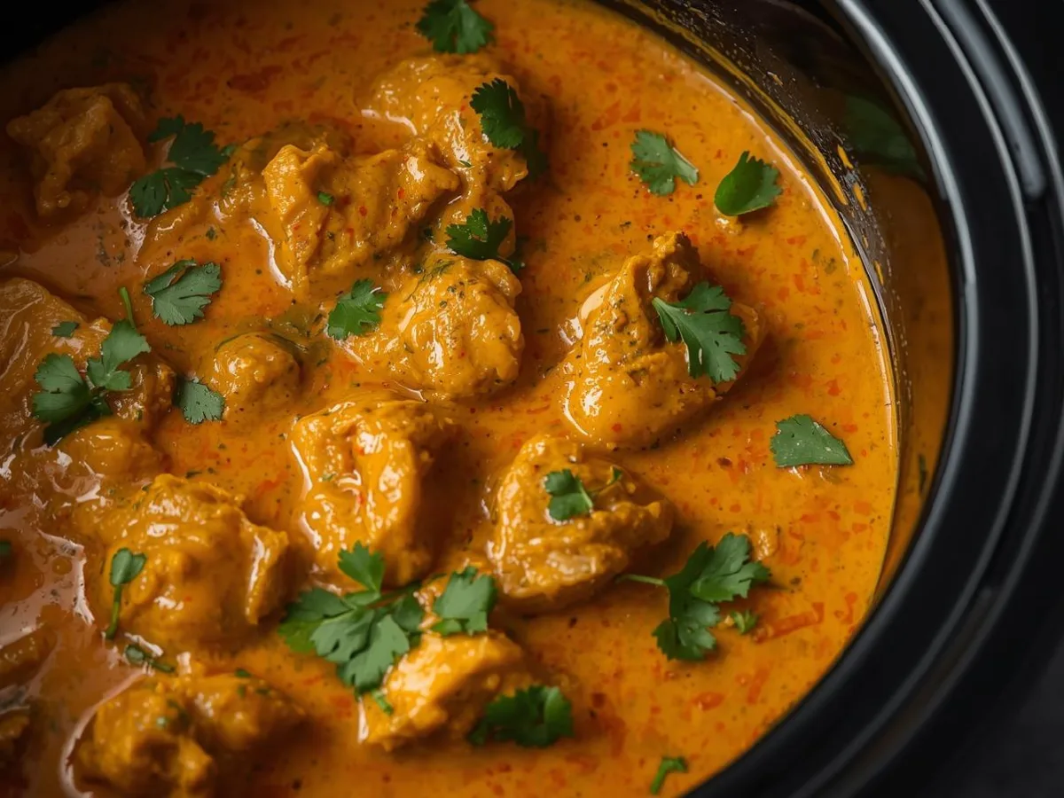 Creamy Crockpot Butter Chicken in a slow cooker.