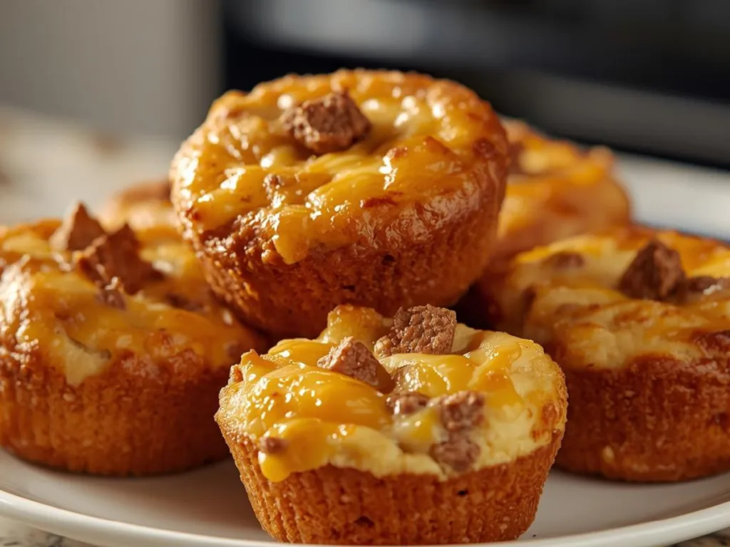 A close-up shot of golden-brown High-Protein Pancake Sausage Mini Muffins on a wire rack, showcasing the fluffy texture and savory