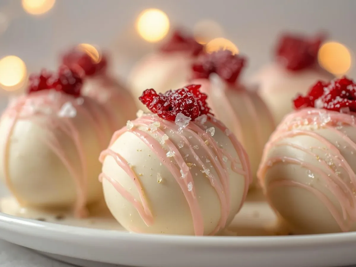 Creamy strawberry white chocolate truffles on a platter.