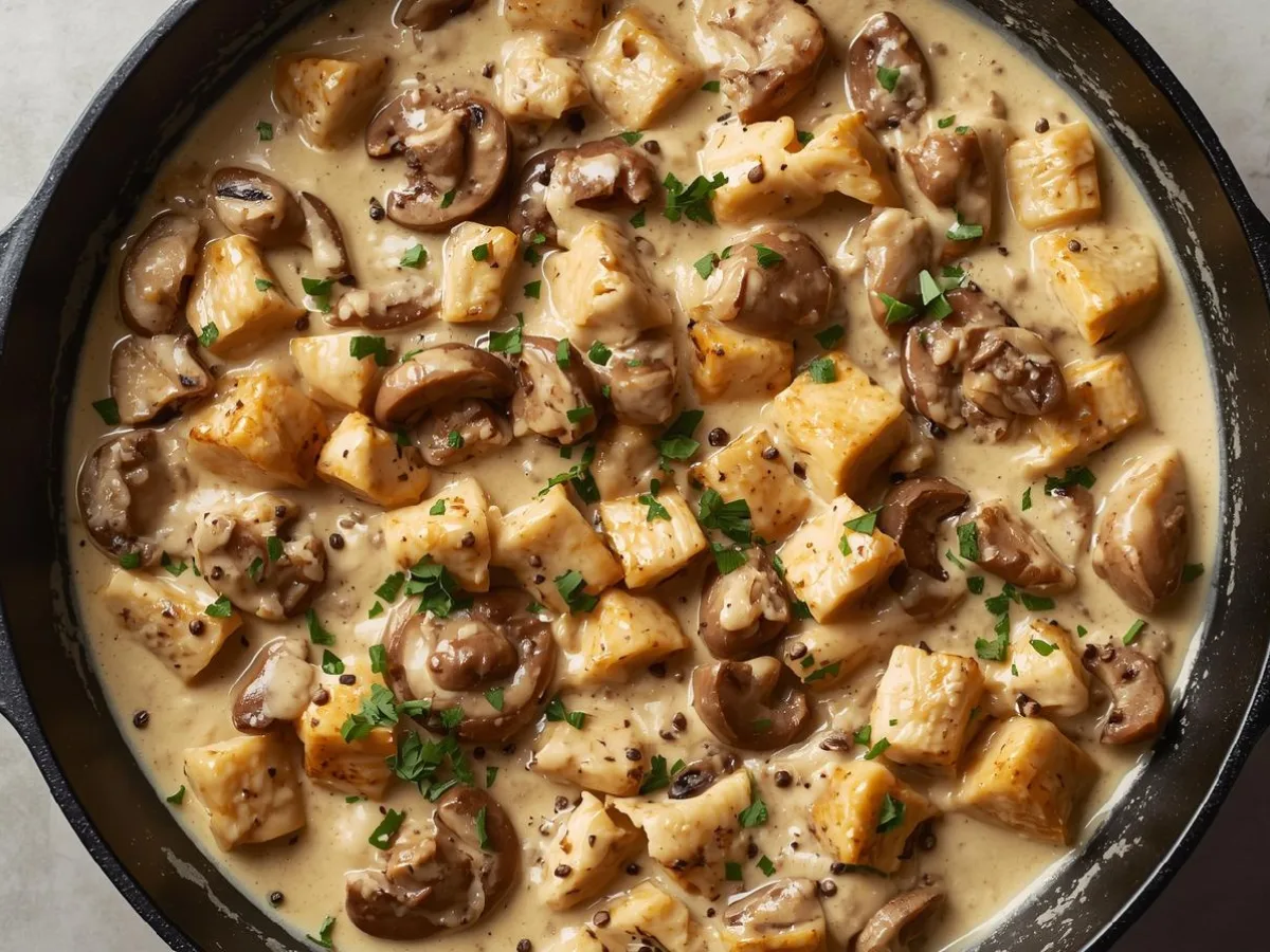 Top-down view of a steaming pan of creamy chicken stroganoff with golden mushrooms.