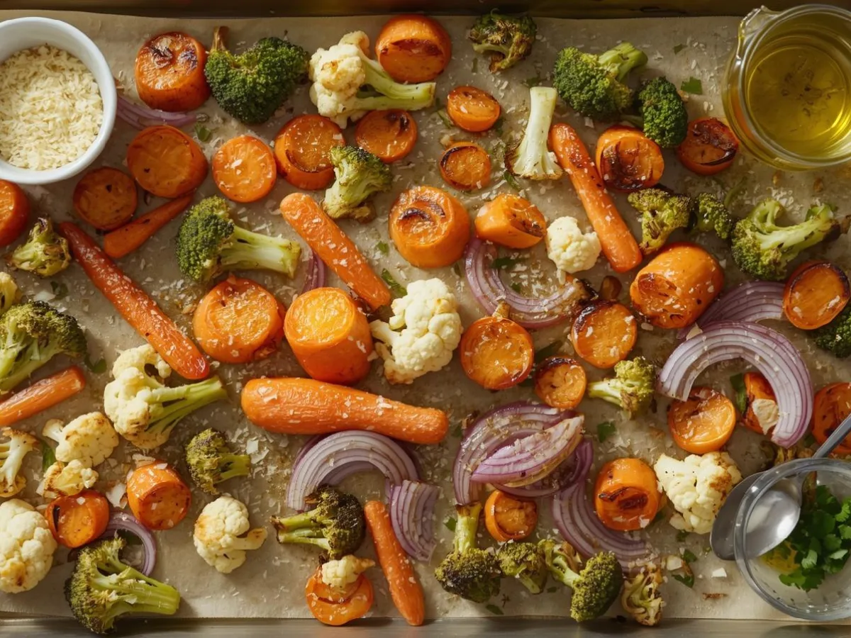 Golden Roasted Vegetables with Garlic and Parmesan on a baking sheet.
