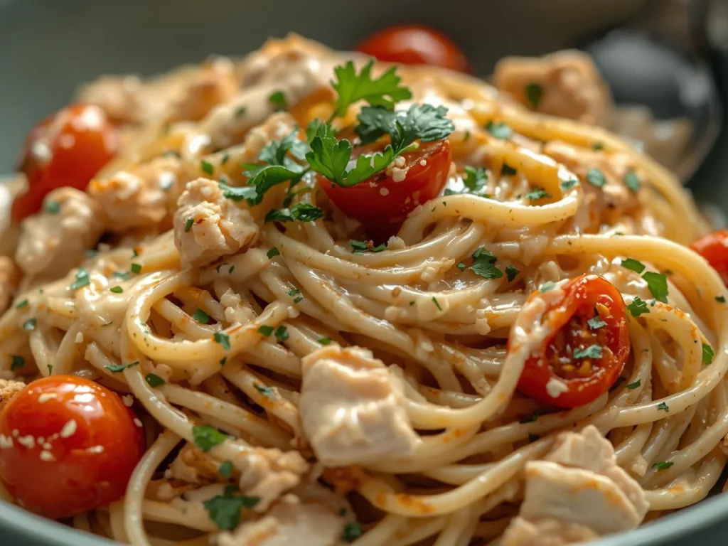 Cheesy Creamy Crockpot Chicken Spaghetti with parsley.