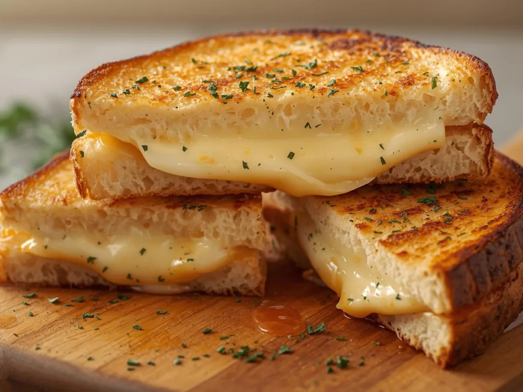 Crispy grilled cheese made with garlic butter spread and sharp cheddar cheese on a rustic wooden board.