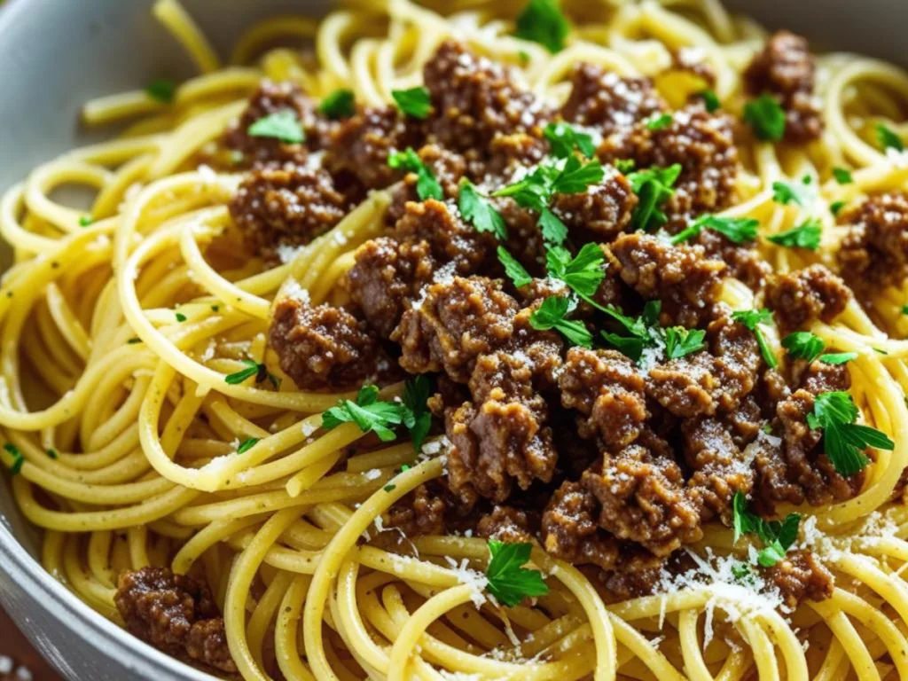 Close up of Ground Beef Pasta with Garlic Butter.