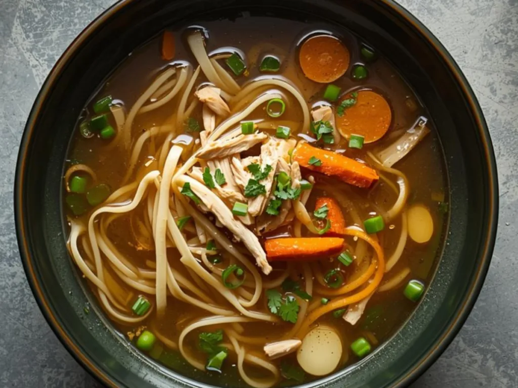 Shredded chicken in Ginger Garlic Chicken Noodle Soup