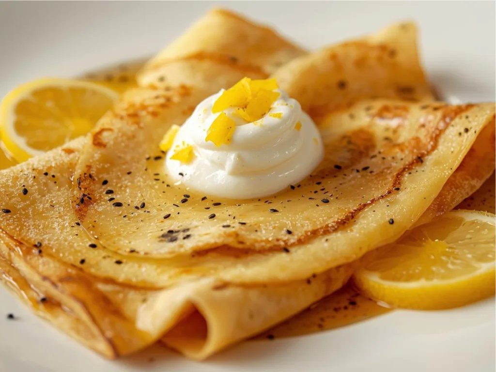 Keto lemon poppyseed crêpes on a plate.