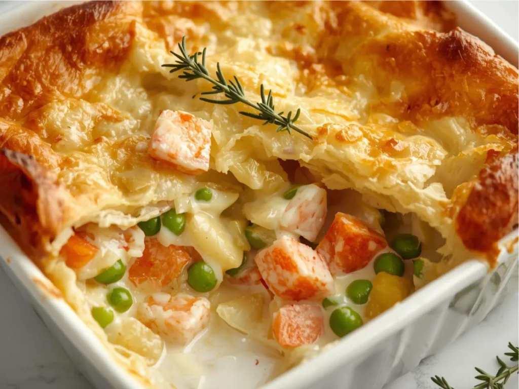 Lobster Pot Pie with flaky pastry.