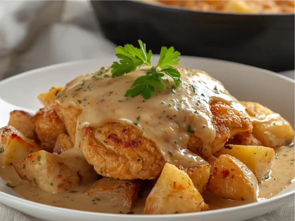 Juicy chicken and potatoes with gravy.