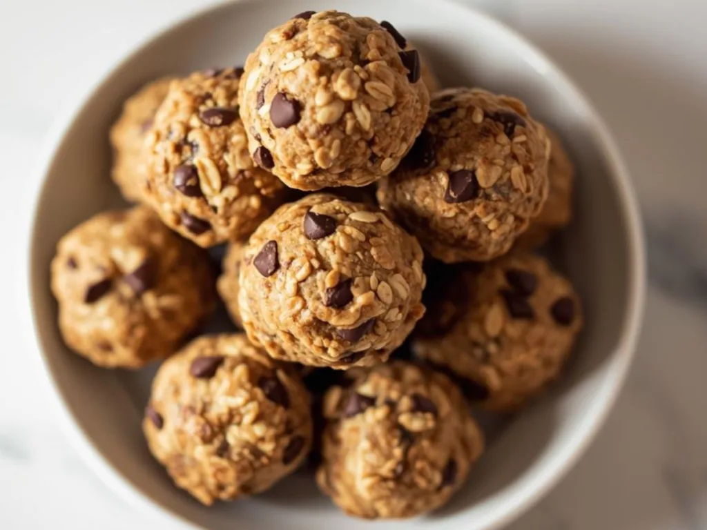 Stacked energy bites with peanut butter and oats.