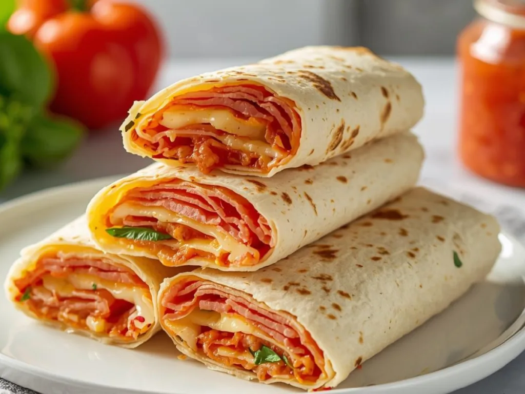 Burritos sliced to show melted cheese.