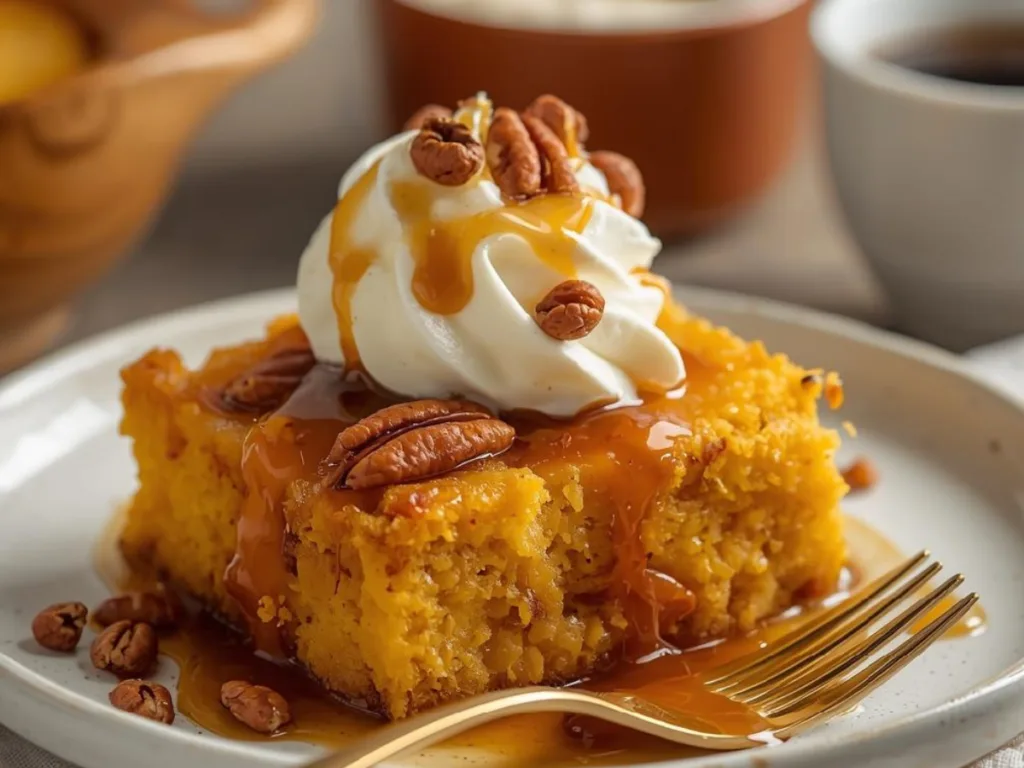 Sliced Pumpkin Cottage Cheese Bake showing a dense cheesecake-like texture.