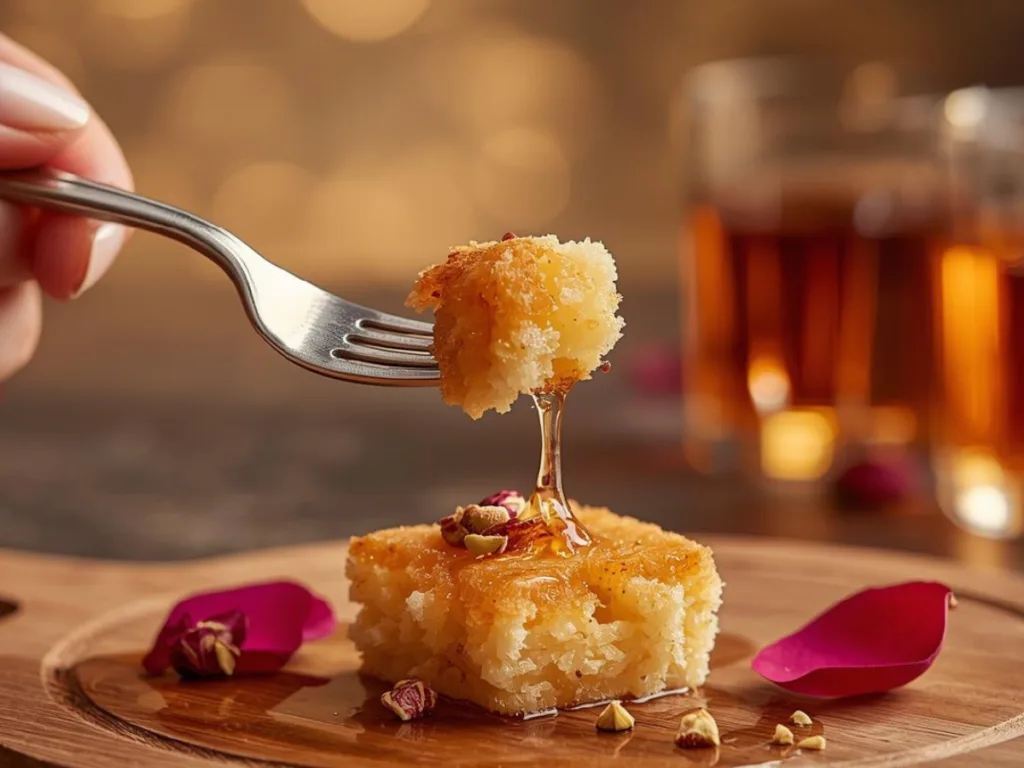 Close-up of semolina cake with rose water syrup.