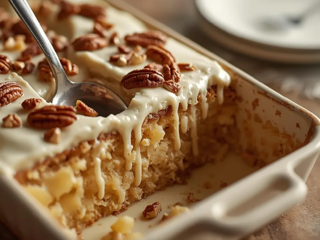 Close-up of Texas Tornado Cake with caramel sauce dripping.
