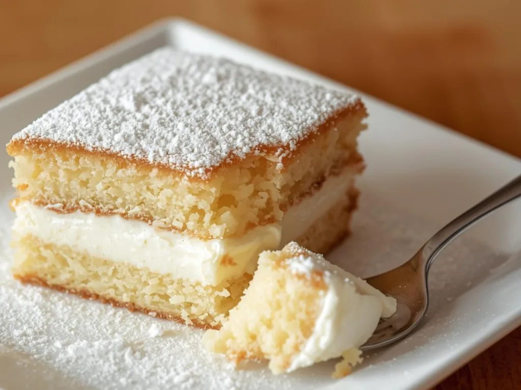 A beautiful 3 layer magic cake with a golden top, sprinkled with vanilla custard powder and sugar on a white plate.