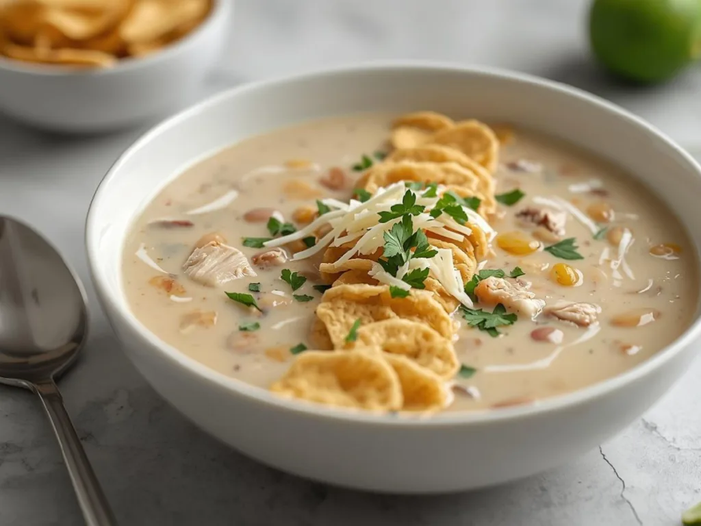 lose up of White Chicken Enchilada Soup.