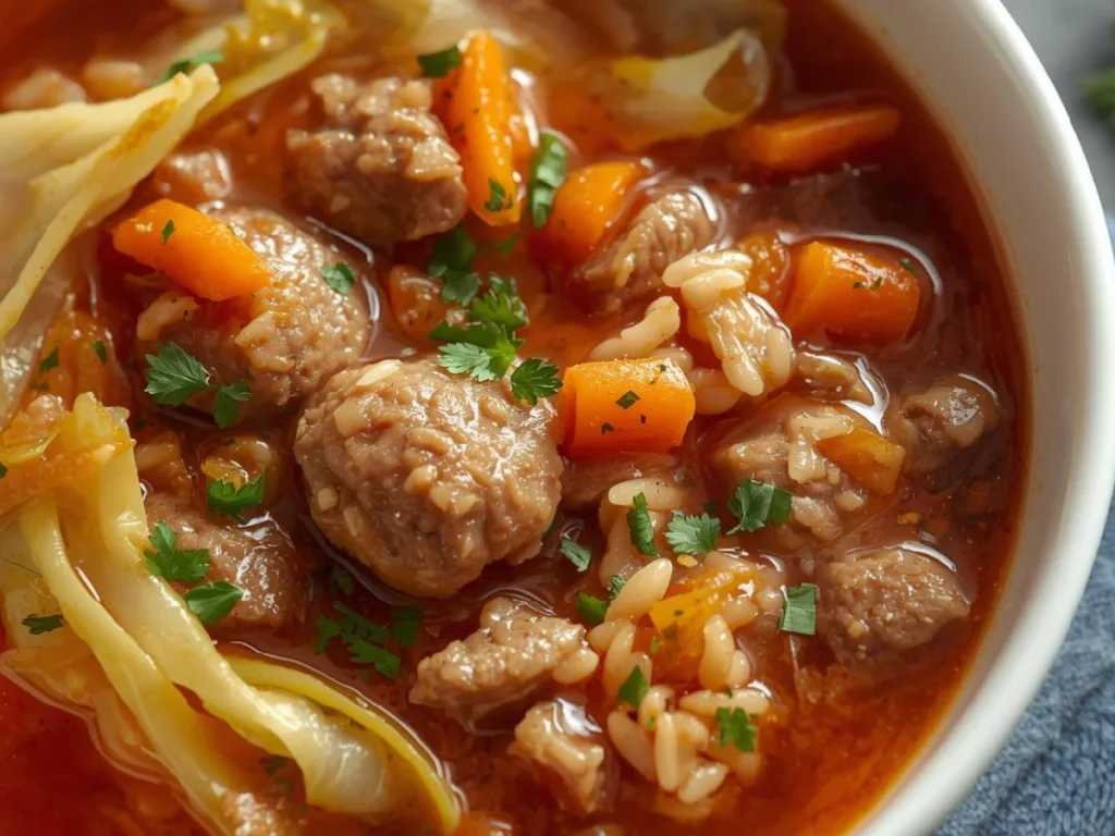 Close-up of healthy cabbage roll soup with beef and diced tomatoes, showing the vibrant texture of simmered vegetables.