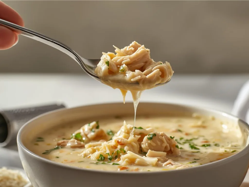 Top view of Garlic Parmesan Chicken Soup in a bowl