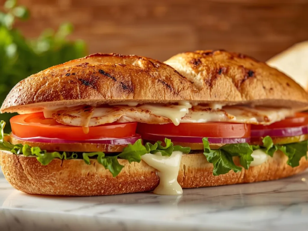 Top view of a Grilled Chicken Cordon Bleu Sandwich served with a side of honey mustard sauce and fresh greens.