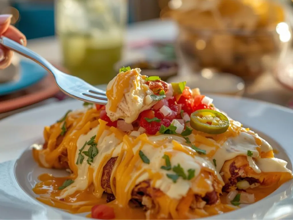 Slicing into creamy Jalapeño Popper Cheesy Chicken Enchiladas