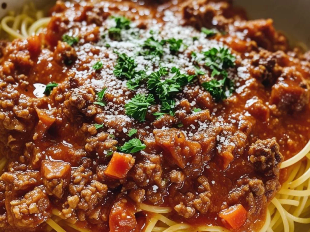 Close-up of a Homemade Italian Spaghetti Sauce Recipe simmering in a Dutch oven with visible sautéed carrots and beef.