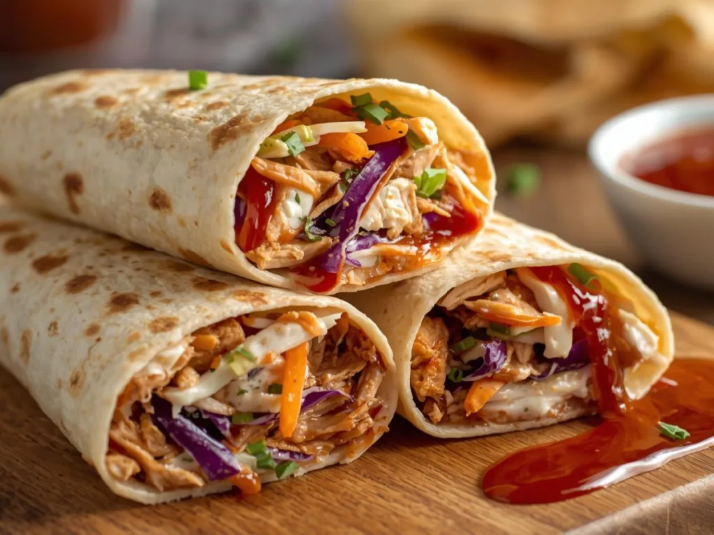 BBQ Chicken Coleslaw Wraps:Close up of Chicken And Coleslaw Wrap.