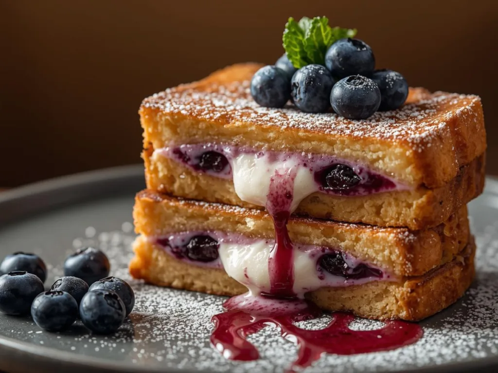 Sliced Blueberry Cheesecake Stuffed French Toast with syrup.