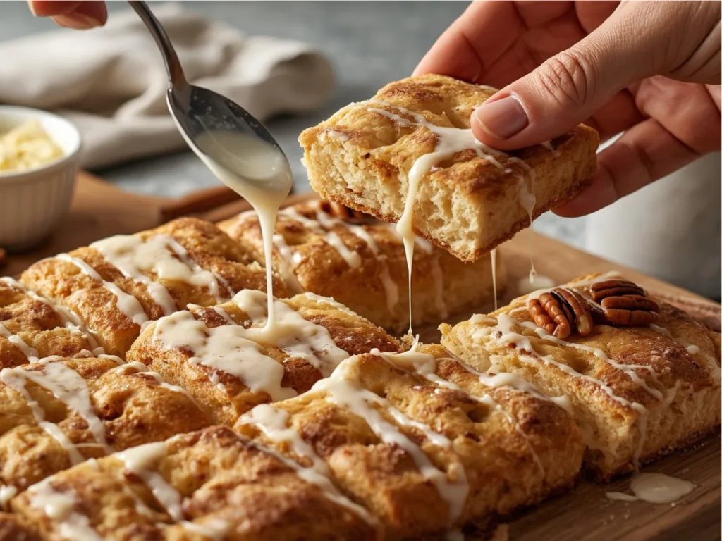 Slices of Sourdough Discard Cinnamon Focaccia showing a fluffy crumb and caramelized cinnamon roll bread topping.