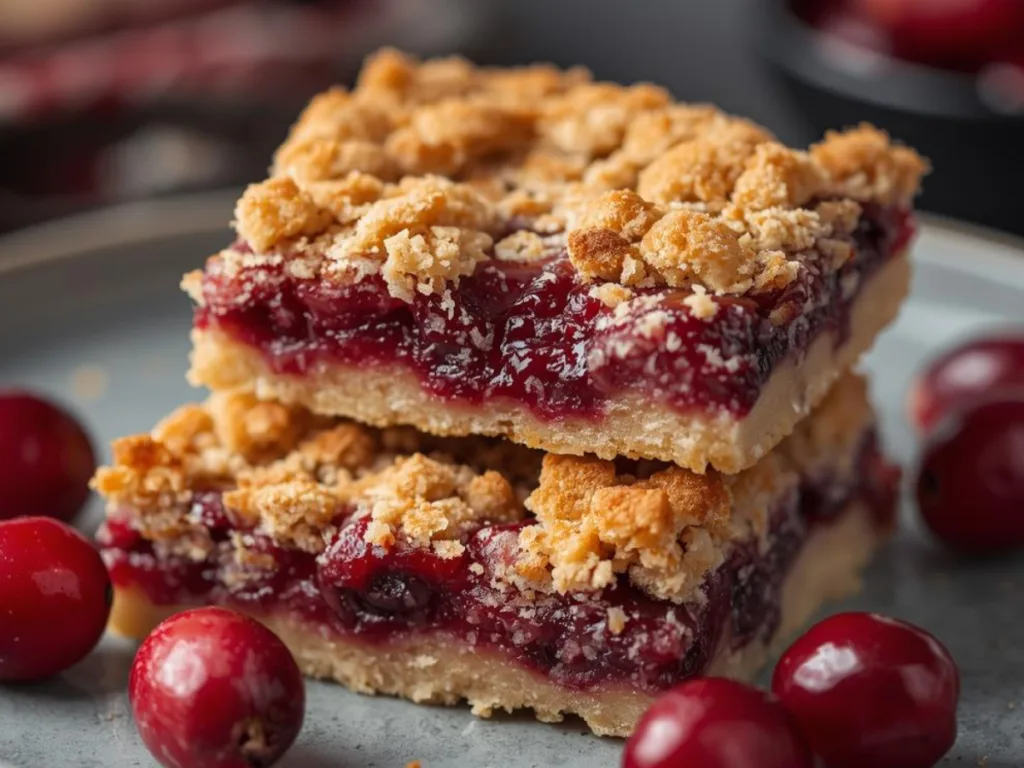 Golden brown Cranberry Crumble Bars with visible fresh fruit.