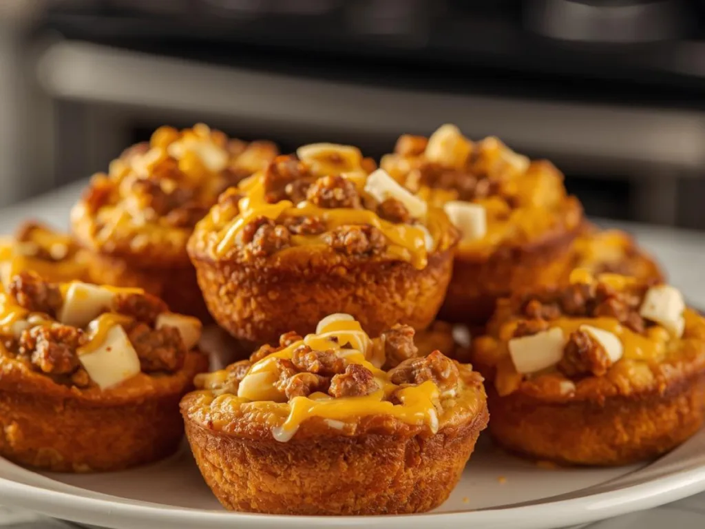 Hand dipping a bite-sized High-Protein Pancake Sausage Mini Muffin into a small bowl of pure maple syrup, illustrating a healthy high protein breakfast.