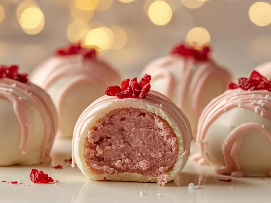 Drizzled strawberry white chocolate truffles.