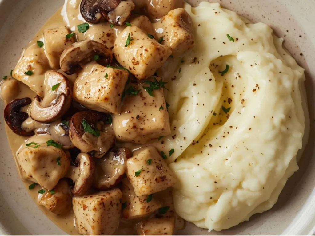 Close-up of chicken and mushroom stroganoff recipe showing the thick, velvety sauce texture.