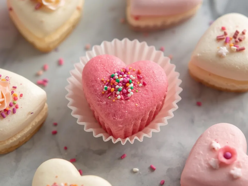 Close-up of heart-shaped pink fudge with white chocolate.