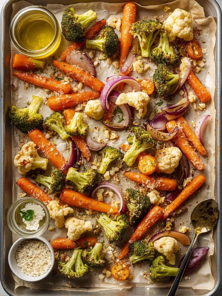 Healthy garlic parmesan roasted vegetables in a serving platter.
