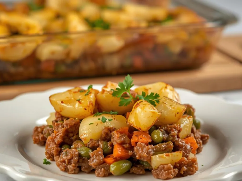 Top-down view of Amish Winter Bliss Casserole made with lean ground beef, aromatic garlic, and thyme-infused savory harmony sauce.