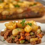 Top-down view of Amish Winter Bliss Casserole made with lean ground beef, aromatic garlic, and thyme-infused savory harmony sauce.
