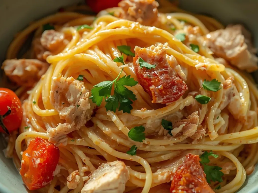 Family-sized portion of Creamy Crockpot Chicken Spaghetti.