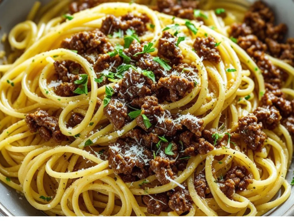 Skillet Pasta featuring Beef Pasta and herbs.