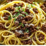 Skillet Pasta featuring Beef Pasta and herbs.