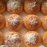 Fluffy fried dough Hawaiian Malasada with a light dusting of sugar.