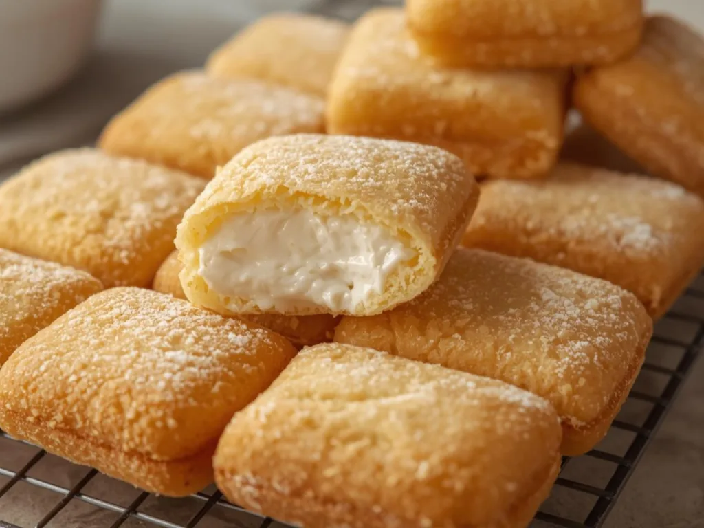 Row of Homemade Twinkies on a baking sheet, golden brown and ready to be filled with cream.