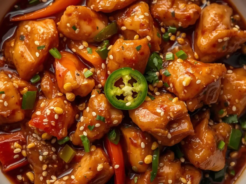 Factual shot of Chicken with Jalapenos and red bell peppers, highlighting the glossy savory stir fry sauce texture.