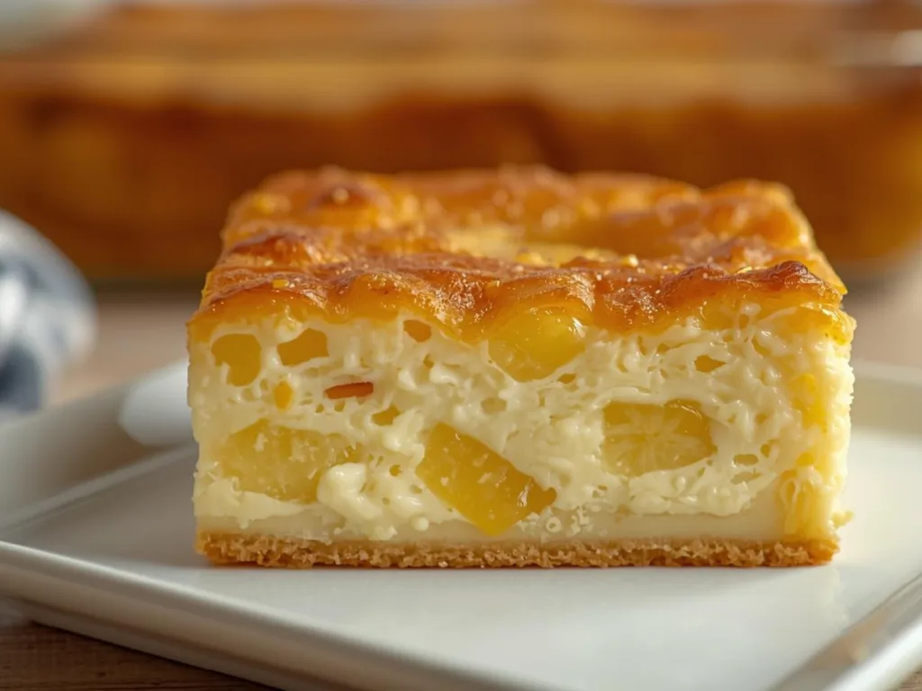 A warm Pineapple Bake casserole dish placed on a wooden table, representing the best of pineapple baking recipes.